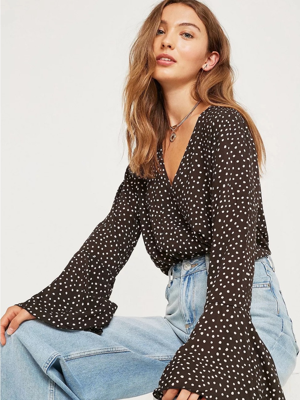 Free people Makin waves black polka dot lace body suit